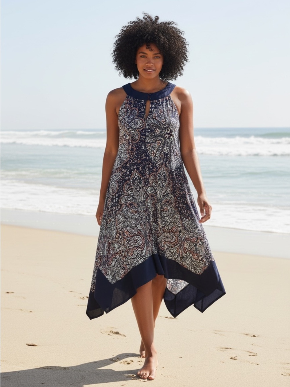 En Focus Women Navy Paisley Handkerchief Hem Dress 14W